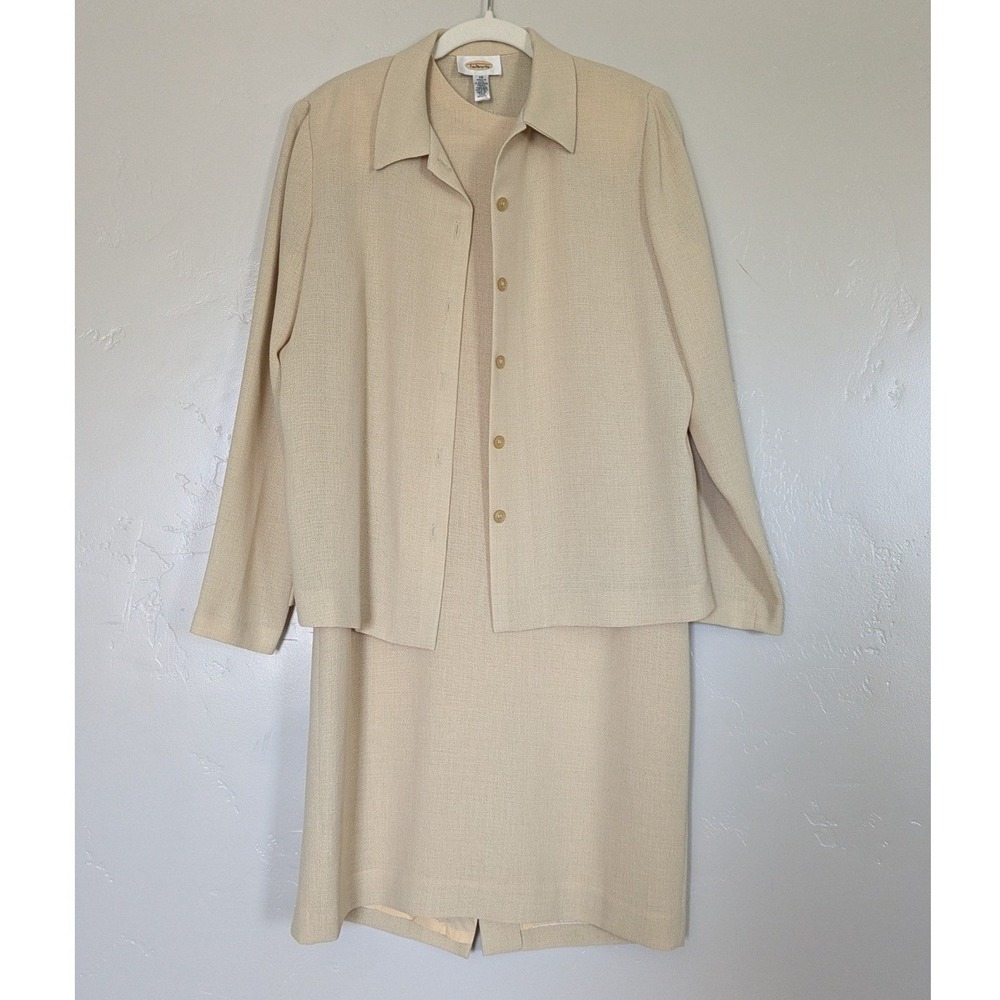 Talbots Dress Suit Set Women 10 Beige Textured Sheath Dress & Button Jacket USA